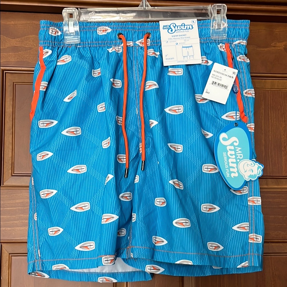 Mr. Swim 7" Men’s Riding Sailboat Print Blue Orange Swim Trunks Shorts NWT Large